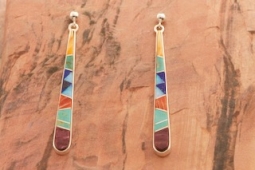 Calvin Begay Genuine Gemstone Sterling Silver Earrings 2 3/8" Long